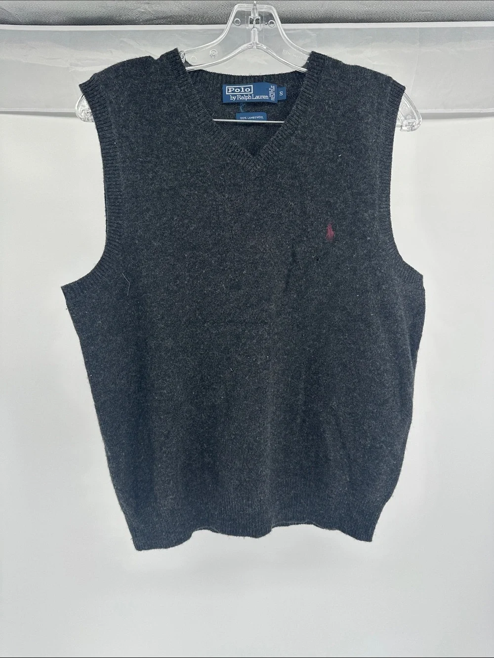 Polo by Ralph Lauren Men’s Dark Charcoal V-Neck Wool Sweater Vest with Red Pony